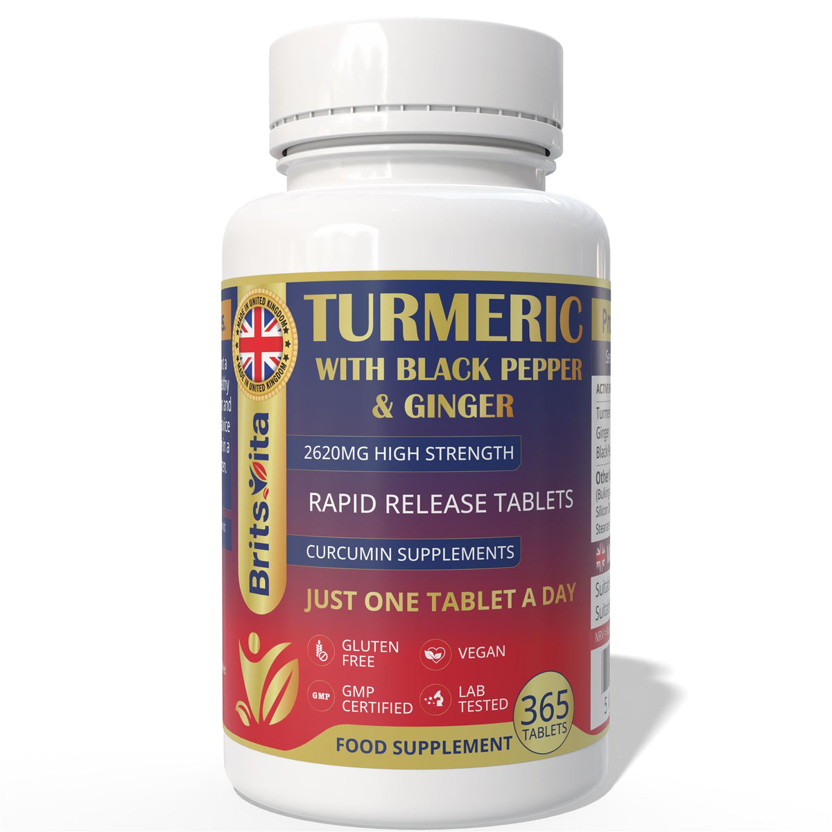 Brits Vita Turmeric Tablets with Ginger & Black Pepper 365 Tablets Vegan UK Made