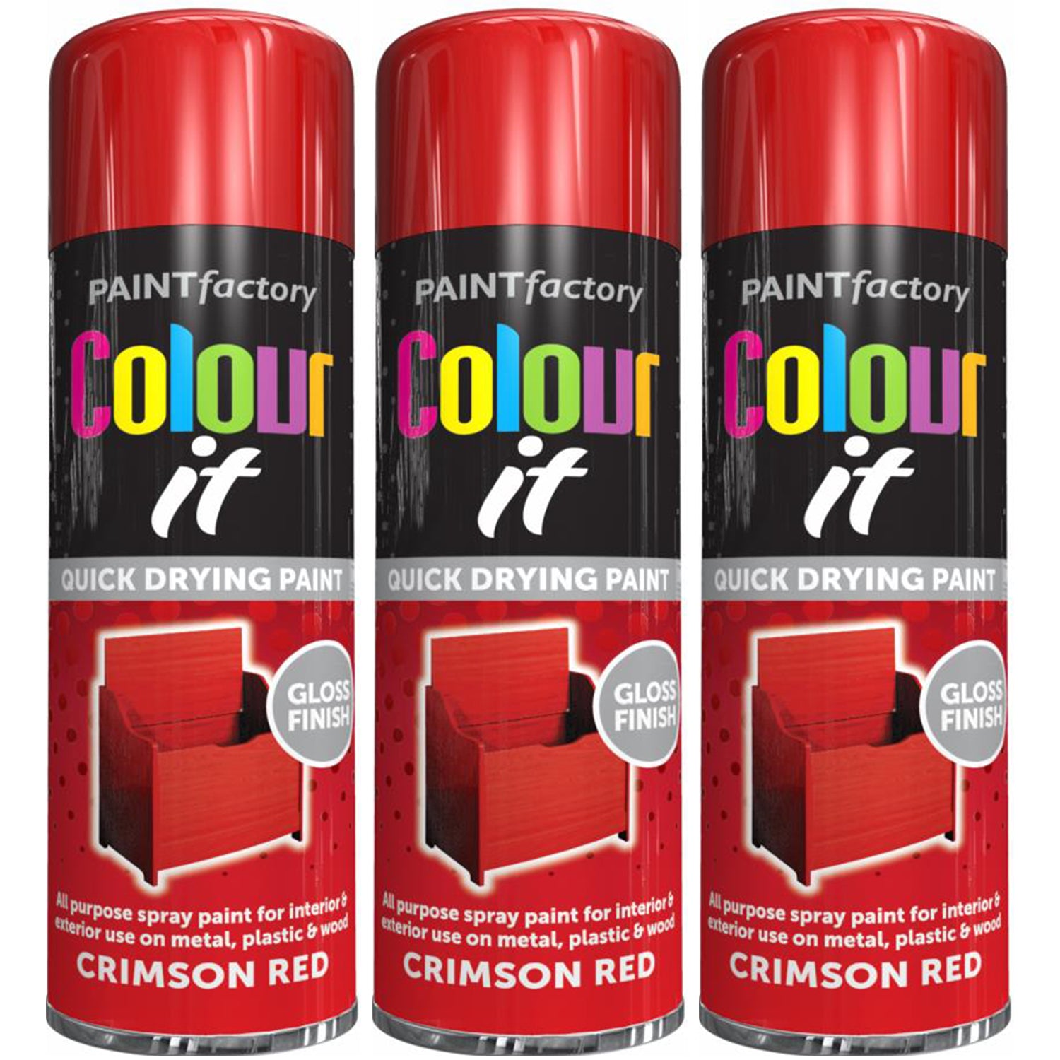 3X Paint Factory Crimson Red Gloss Spray Paint 250ml Spray Paint
