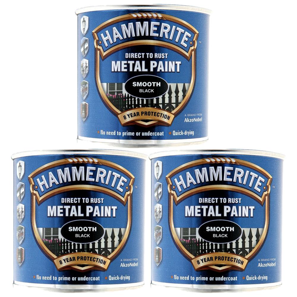 3X Hammerite Smooth Black Paint 250ml Tin Paint
