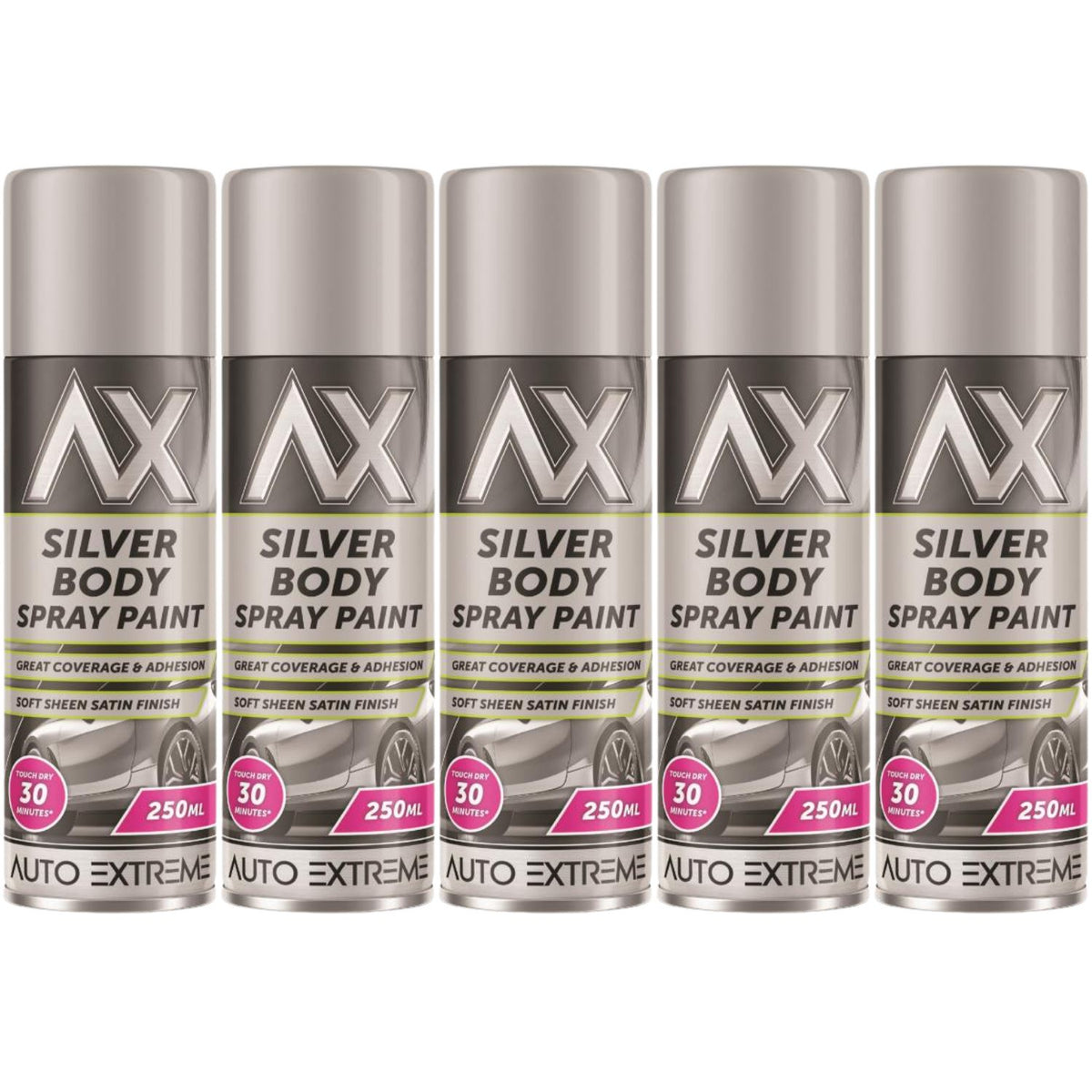 5X Auto Extreme Paint Silver Spray Paint 250ml