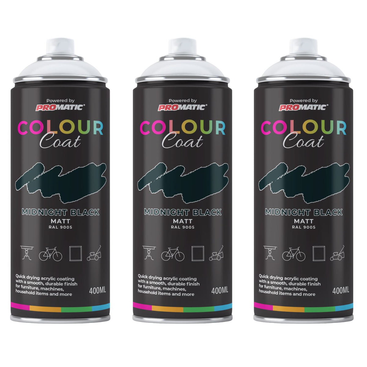 3X Midnight Black RAL 9005 Matt Spray Paint 400ml