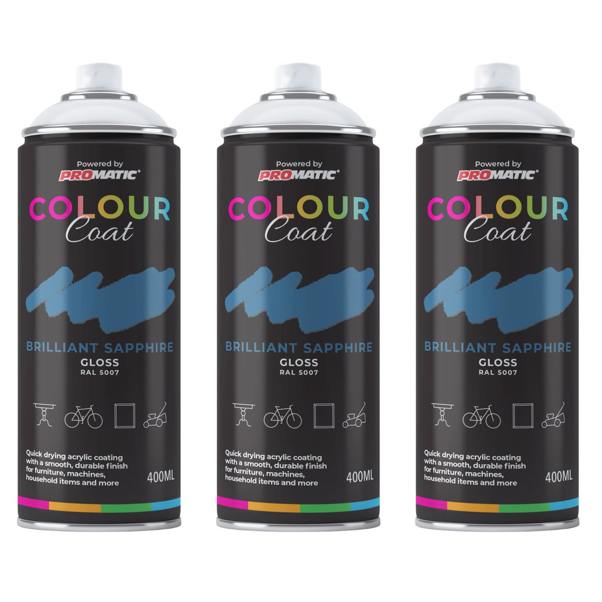 3X Brilliant Sapphire RAL 5007 Gloss Spray Paint 400ml