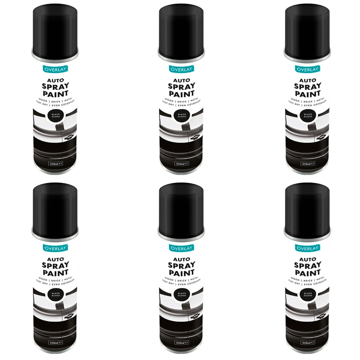 6X Overlay Gloss Black Auto Professional Spray Paint 250ml