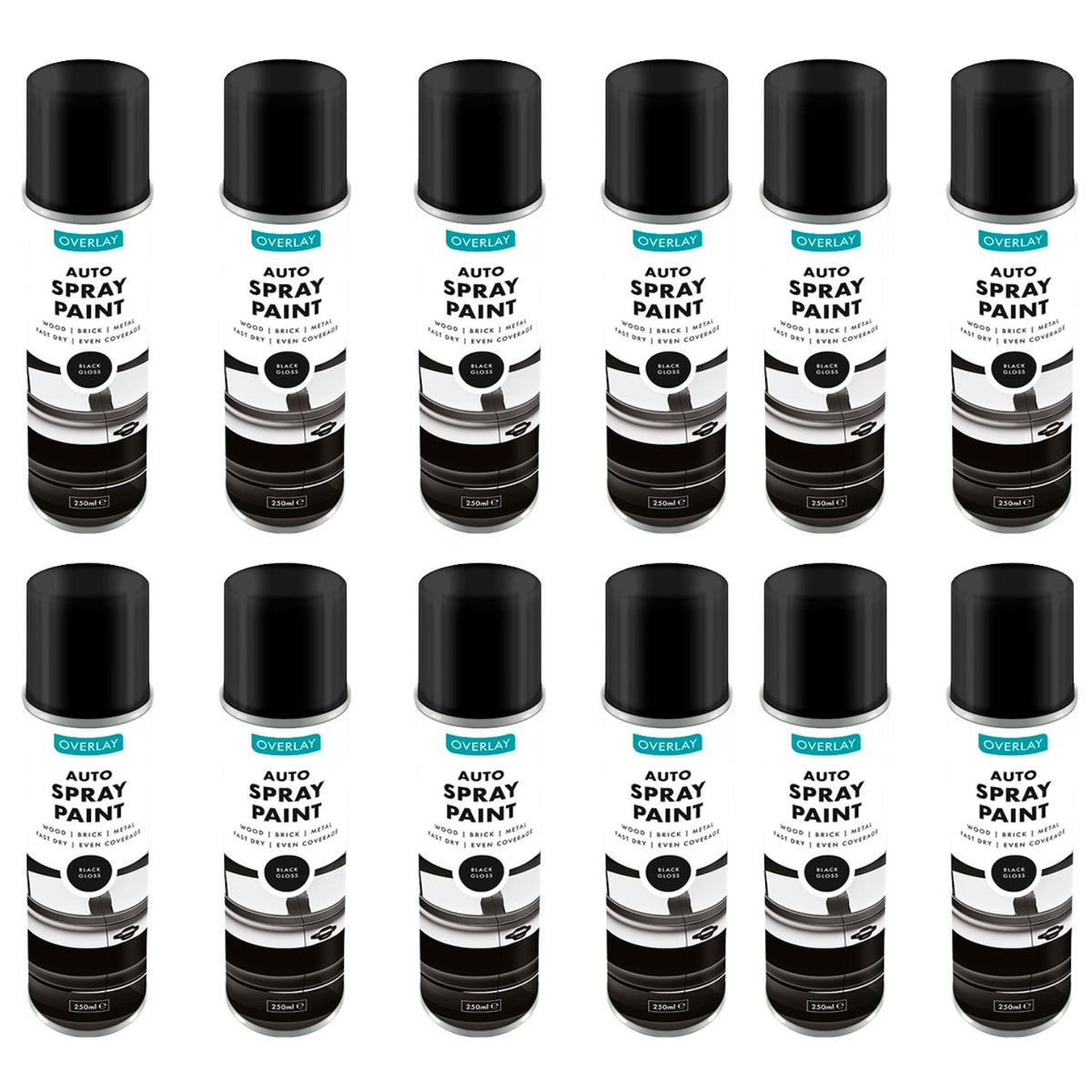 12X Overlay Gloss Black Auto Professional Spray Paint 250ml