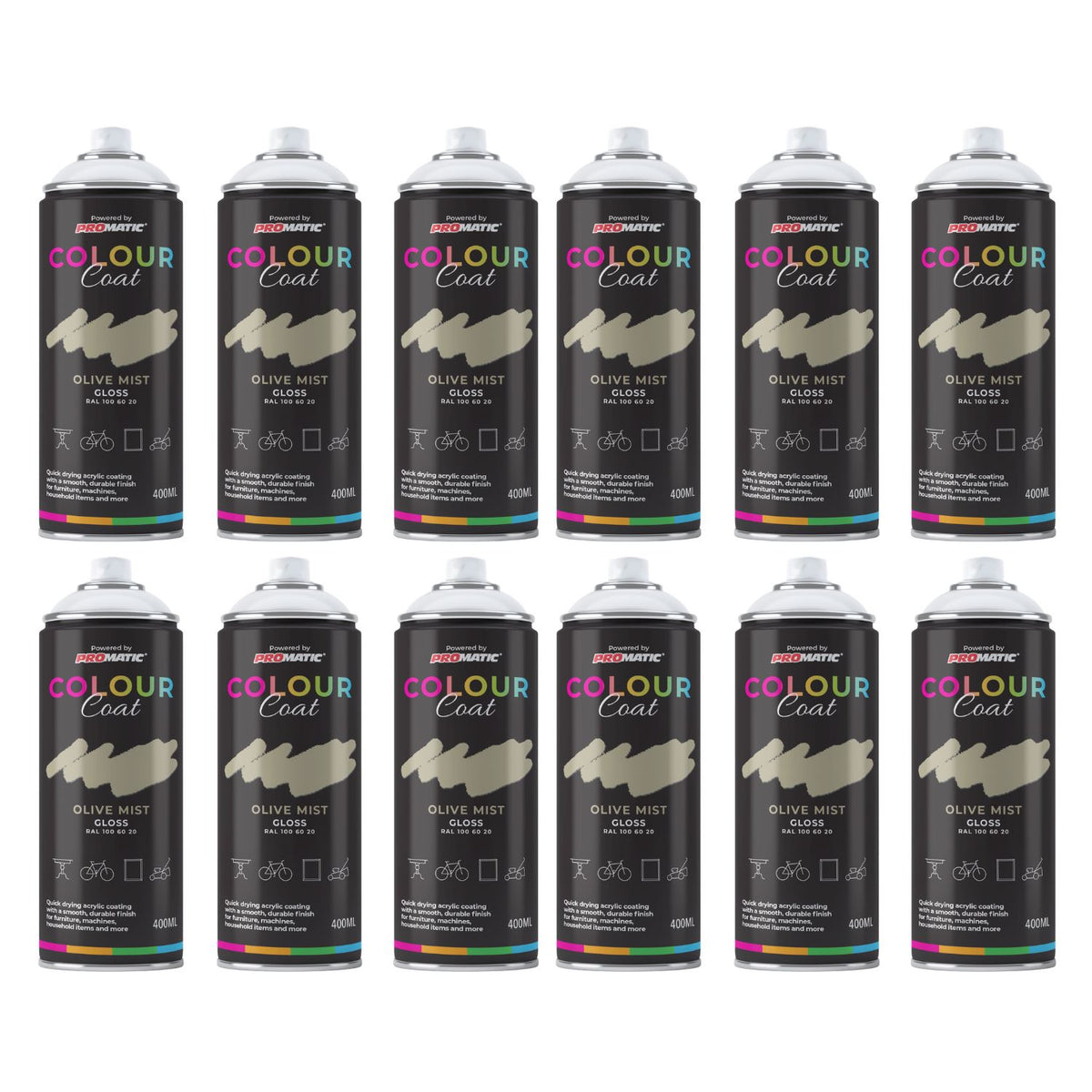 12X Olive Mist RAL 100 60 20 Gloss Spray Paint 400ml