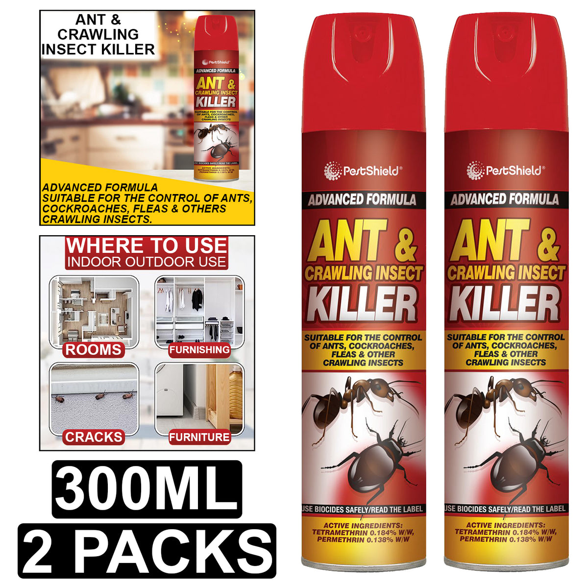 2X PestShield Ant & Crawling Killer Spray 300ml Pest Control