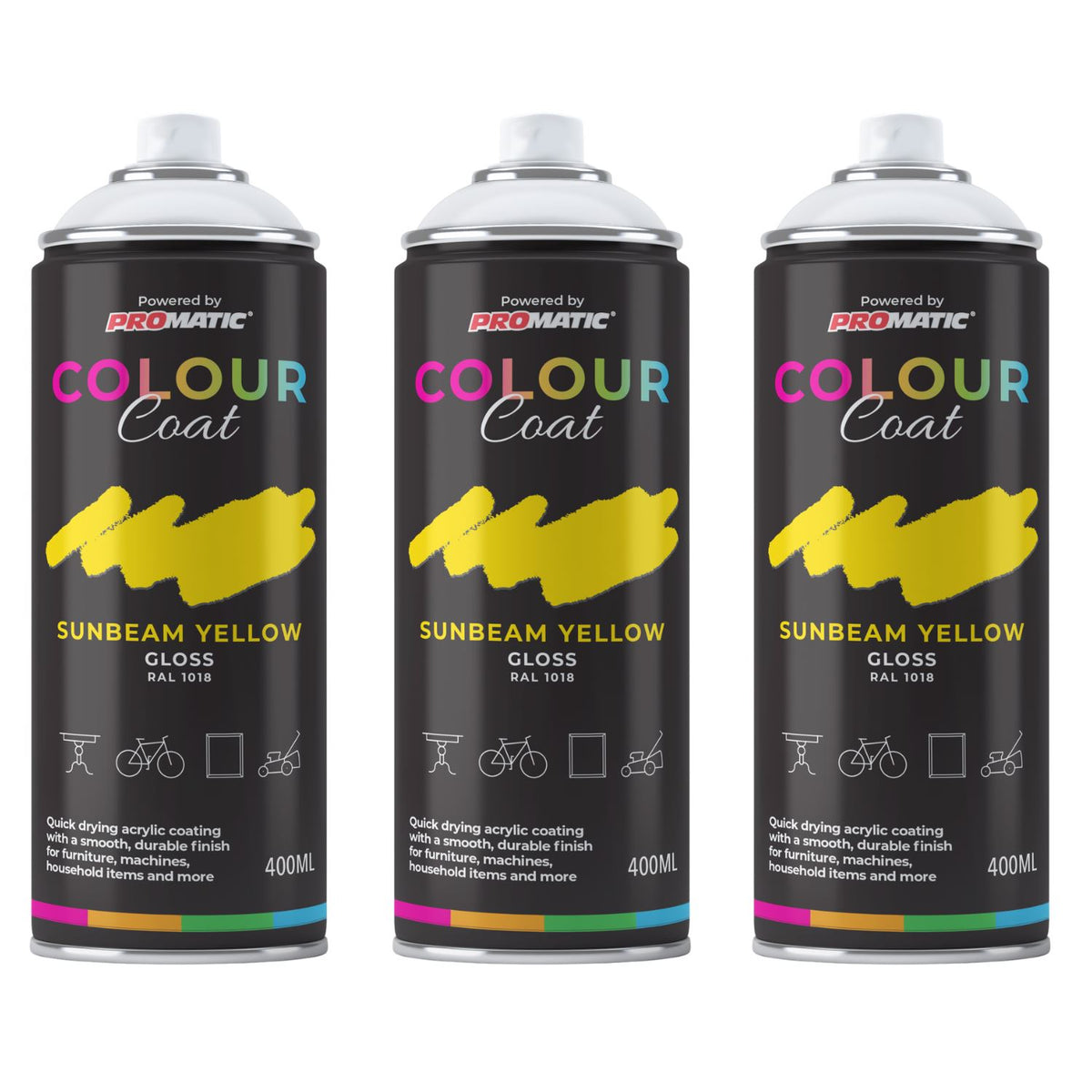3X Sunbeam Yellow RAL 1018 Gloss Spray Paint 400ml