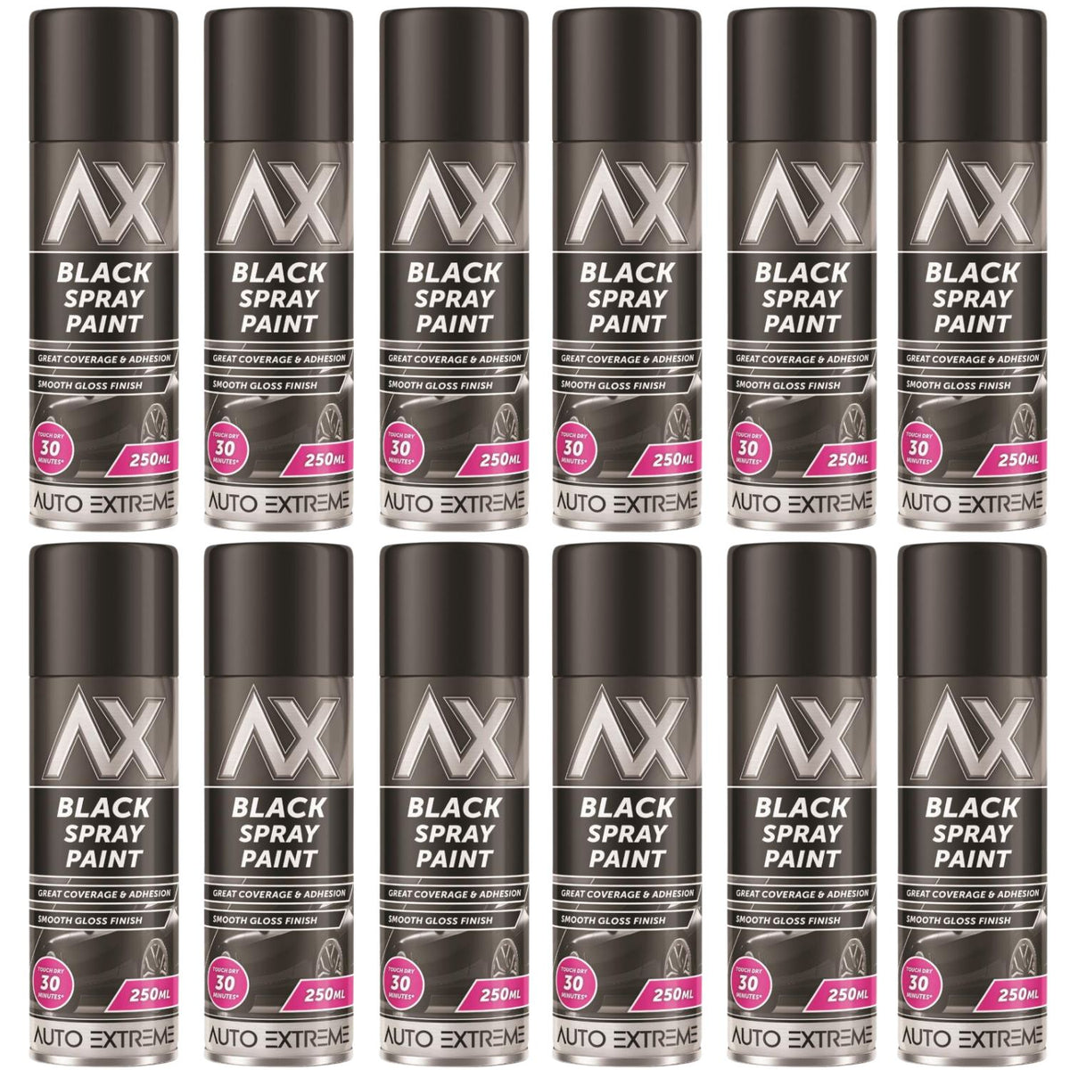 12X Auto Extreme Black Gloss Spray Paint 250ml