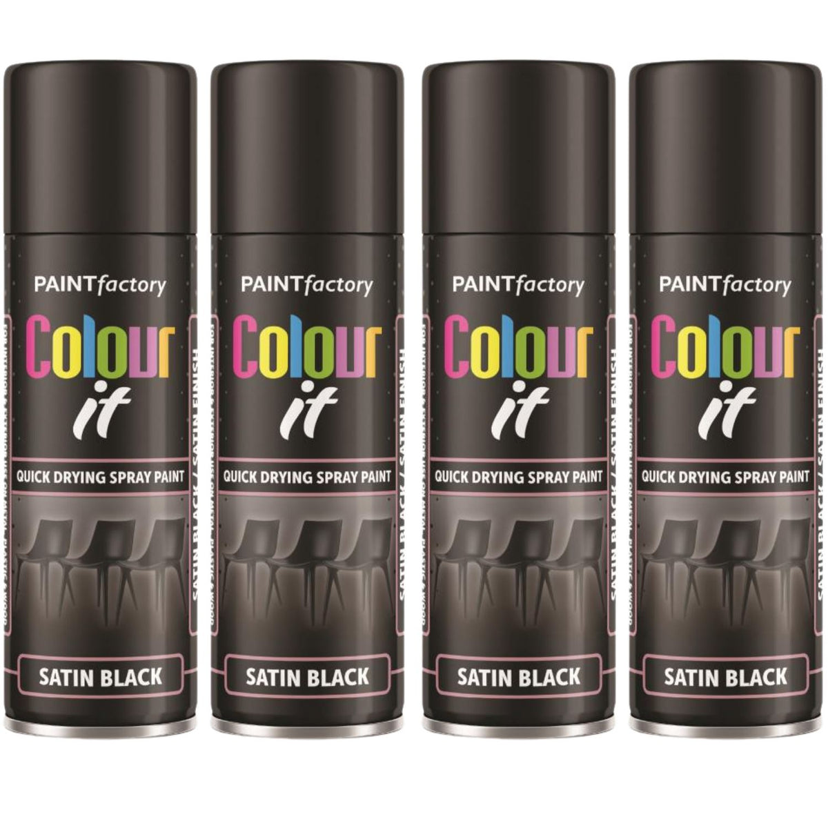 4X Paint Factory Black Satin Spray Paint 250ml