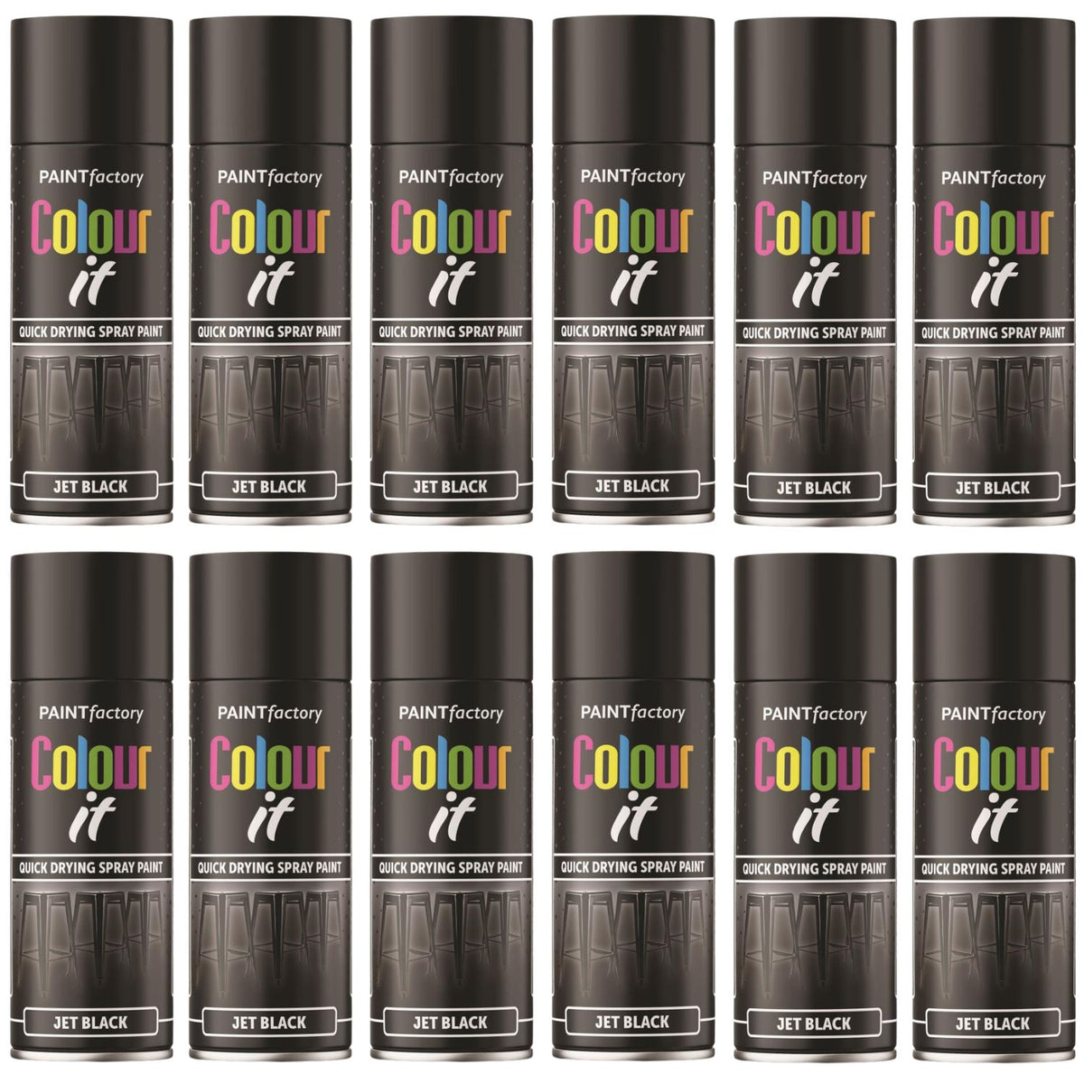 12X Paint Factory Jet Black Gloss Spray Paint 400ml