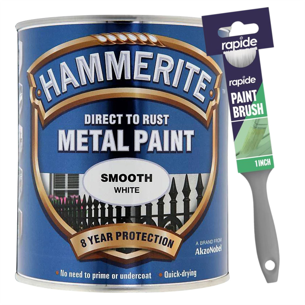 Hammerite Smooth White Paint 750ml With 1" Paint Brush Tin Paint