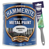 Hammerite Smooth White Paint 750ml With 1" Paint Brush Tin Paint