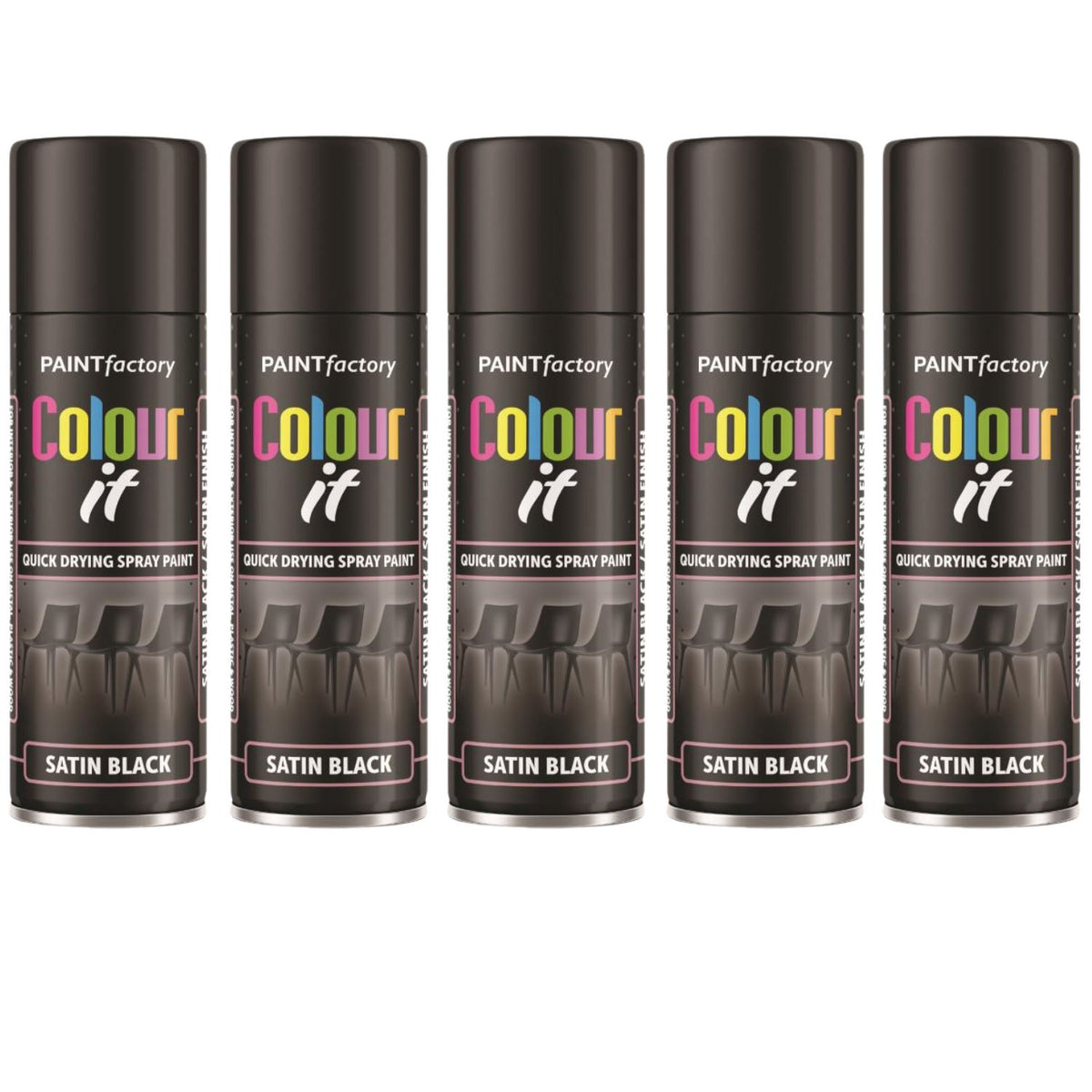 5X Paint Factory Black Satin Spray Paint 250ml