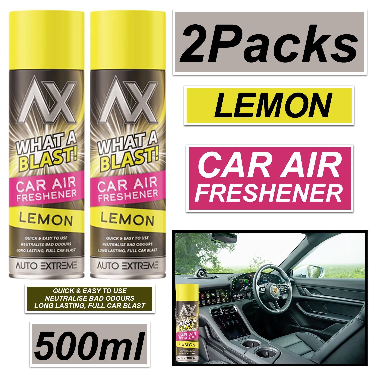 2X - What A Blast! Lemon Car Air Freshener Spray 500ml Car Air Freshener