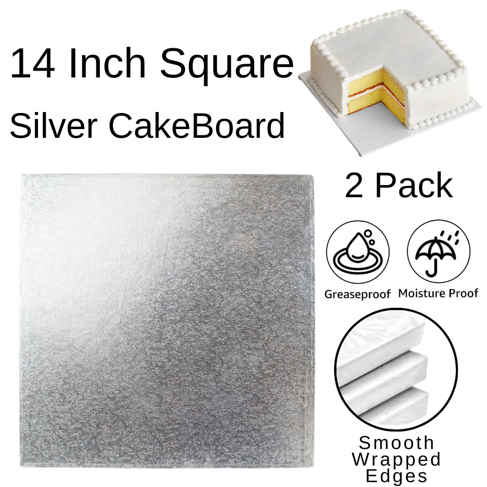 2 Boards - 14" Square Silver Double Thick Cards Cake Board