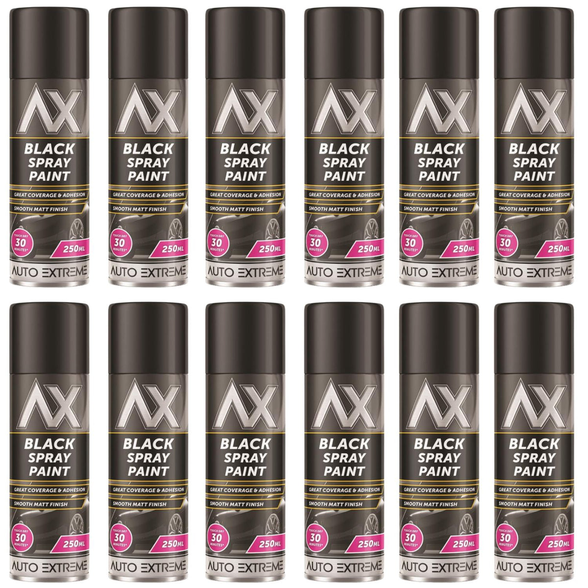 12X Auto Extreme Black Matt Spray Paint 250ml