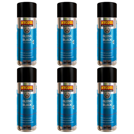 6X Hycote Bodyshop Gloss Black Spray Paint 400ml