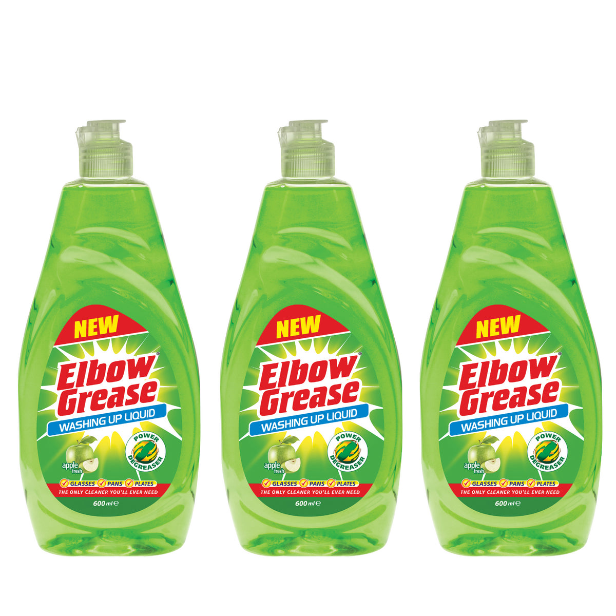 3X Elbow Grease Washing Up Liquid, Apple Fresh 600ml Power Degreaser