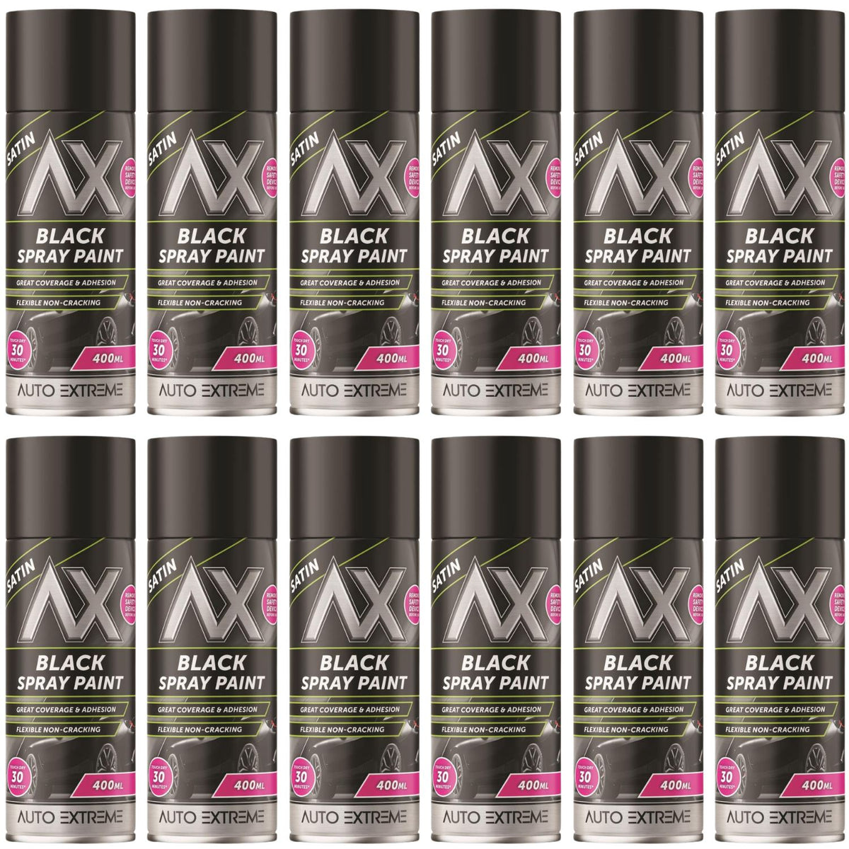 12X Auto Extreme Pro Satin Black Spray Paint 400ml