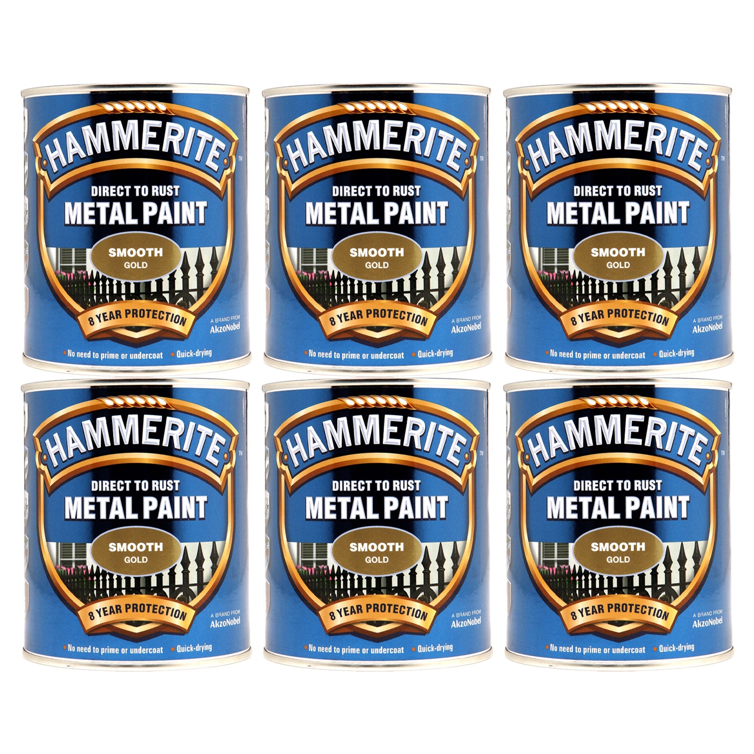 6X Hammerite Smooth Gold Paint 750ml Tin Paint