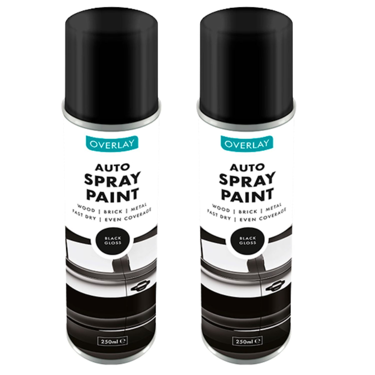 2X Overlay Gloss Black Auto Professional Spray Paint 250ml