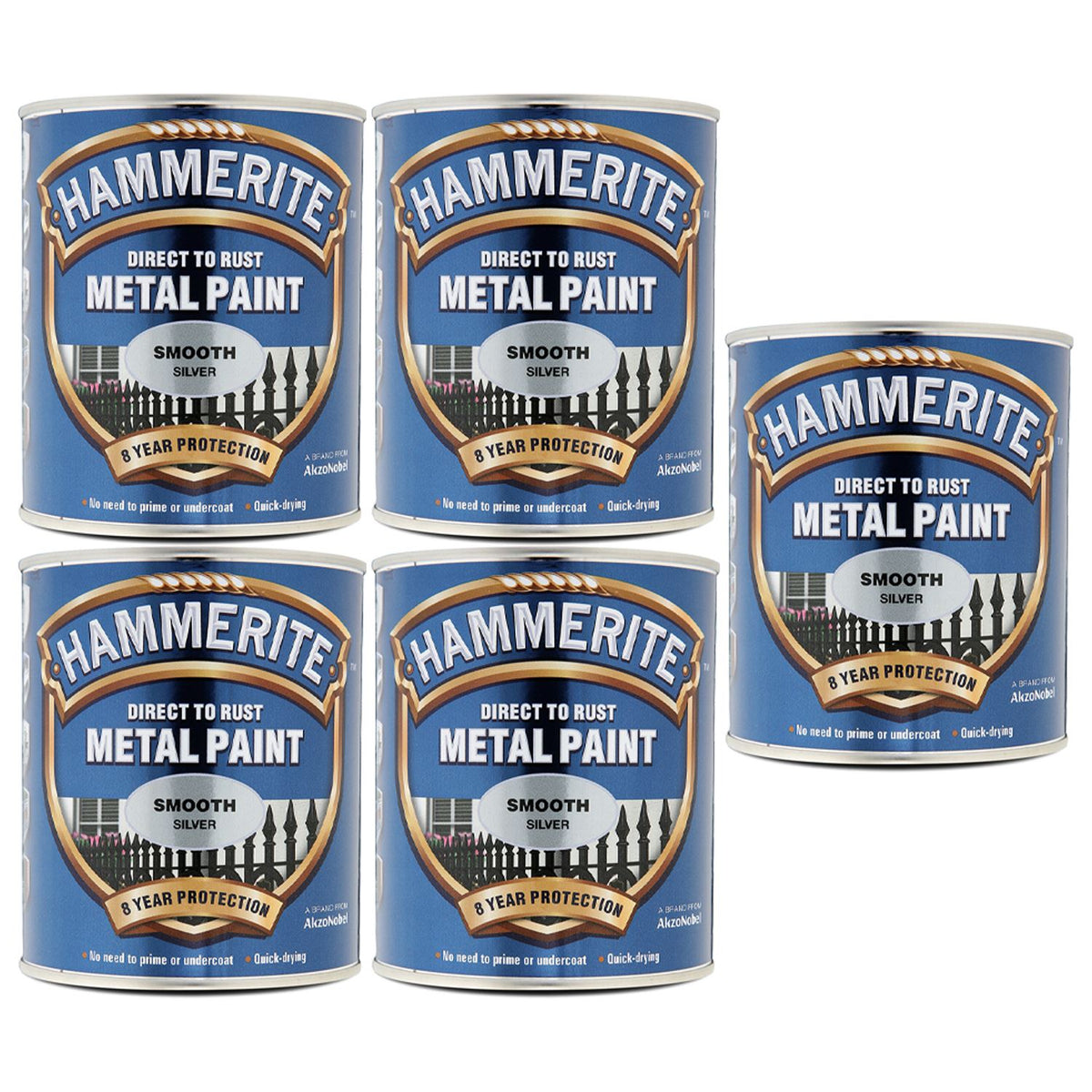 5X Hammerite Smooth Silver Paint 750ml Tin Paint