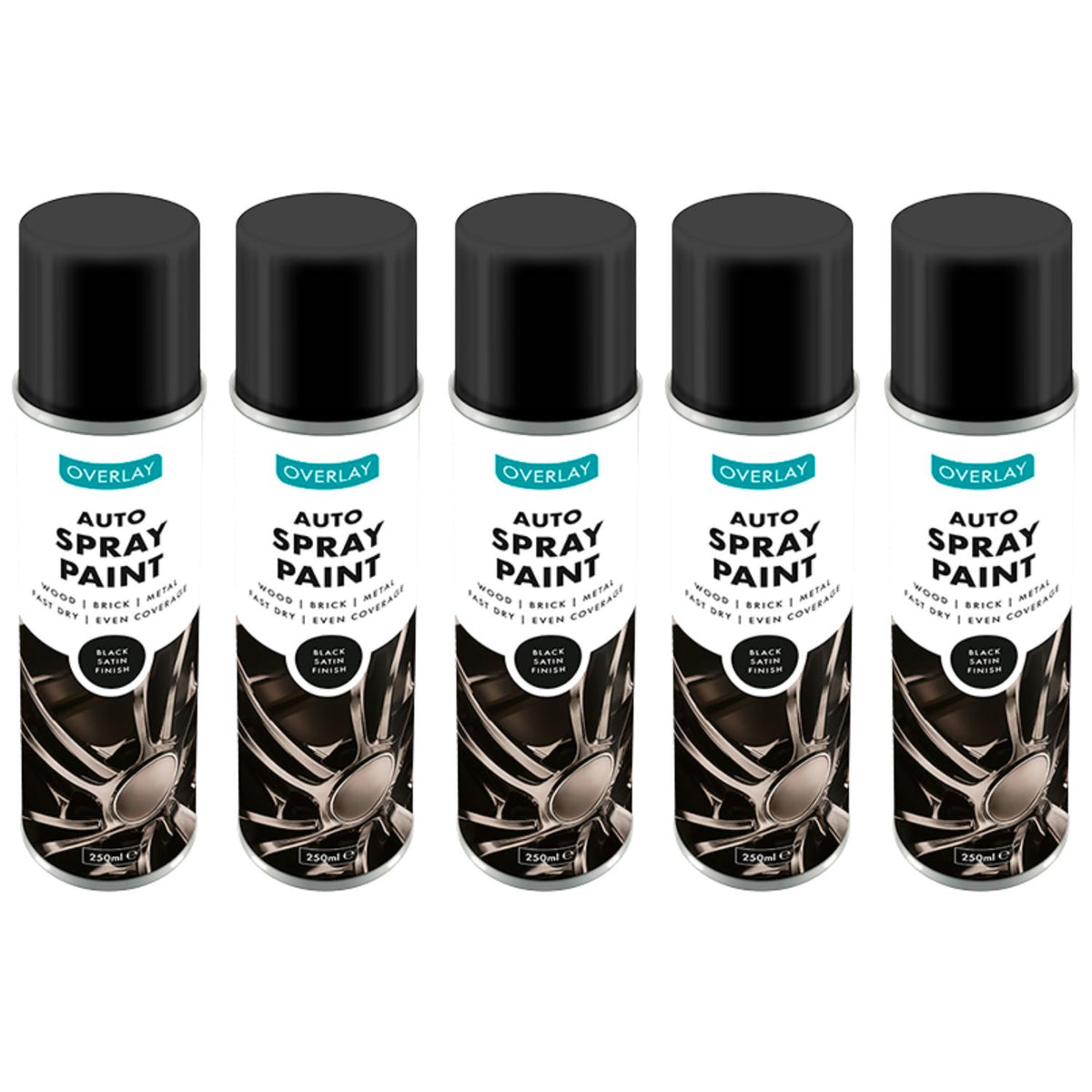5X Overlay Satin Black Auto Professional Spray Paint 250ml