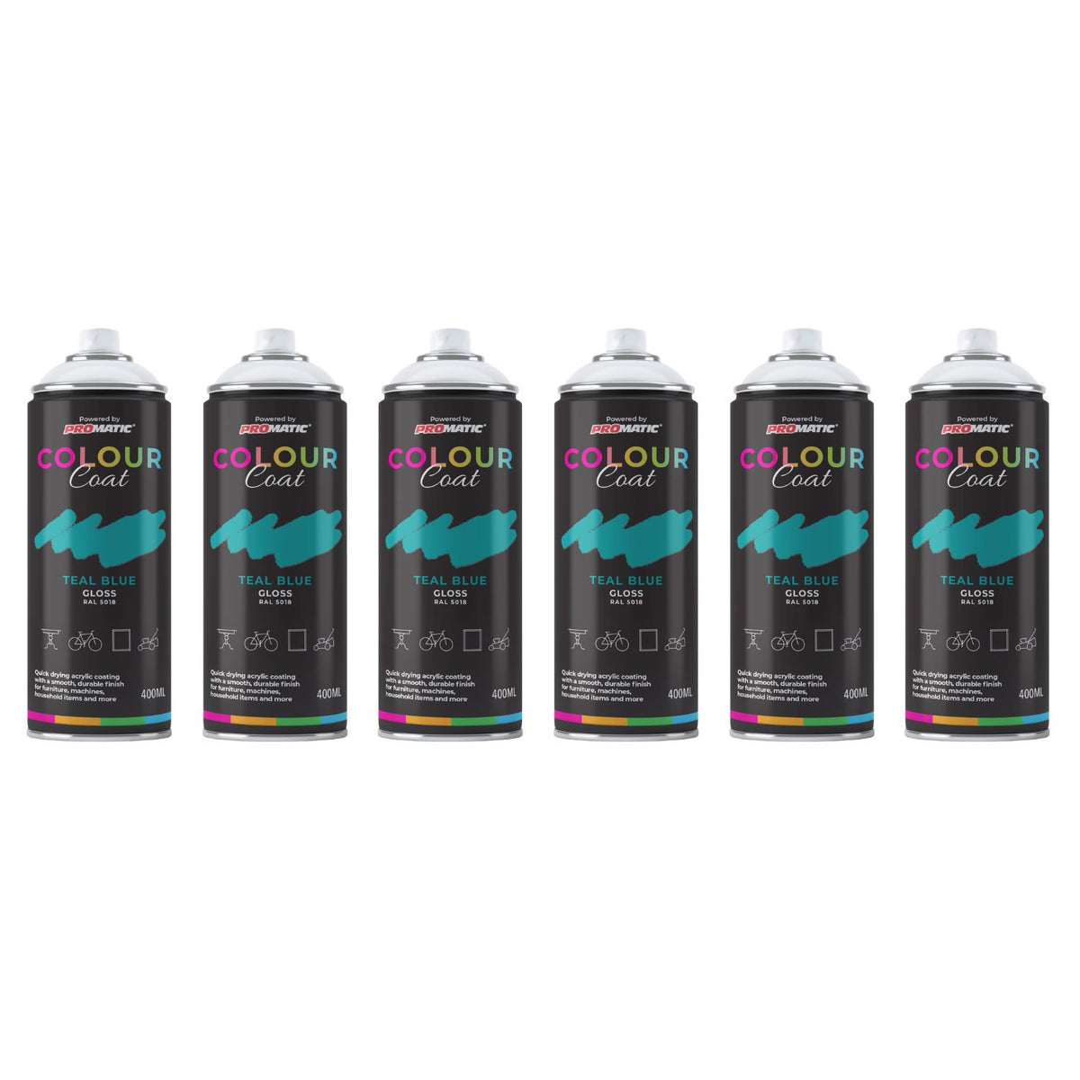 6X Teal Blue RAL 5018 Gloss Spray Paint 400ml