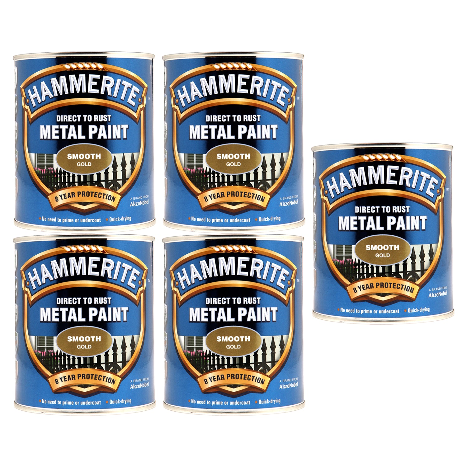 5X Hammerite Smooth Gold Paint 750ml Tin Paint