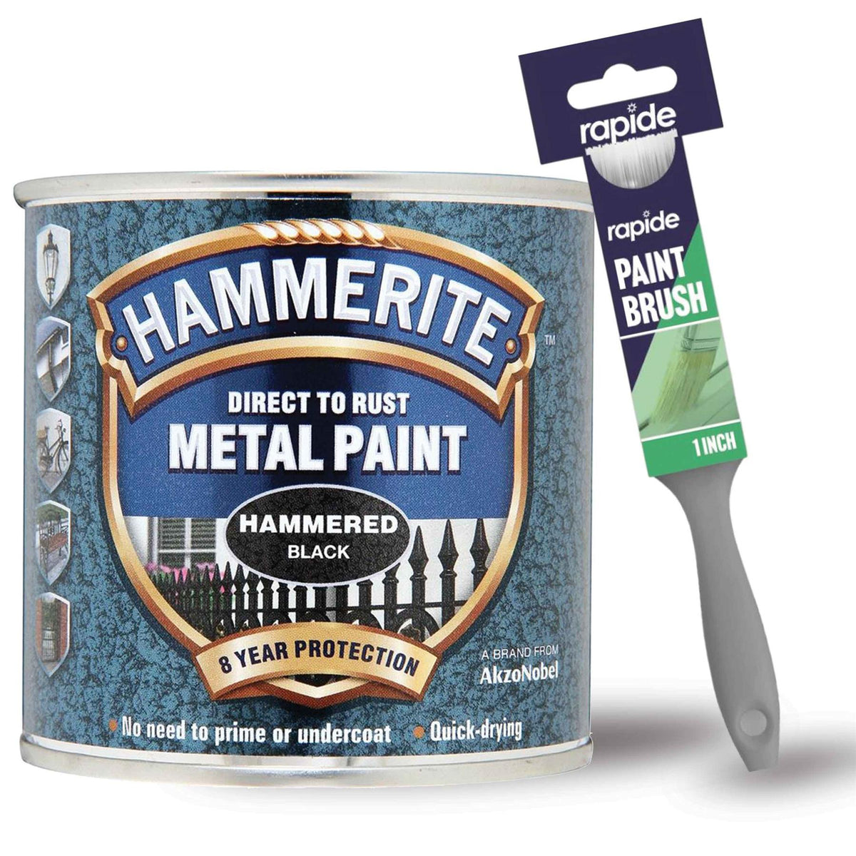 Hammerite Hammered Black Metal Paint 250ml With 1" Paint Brush