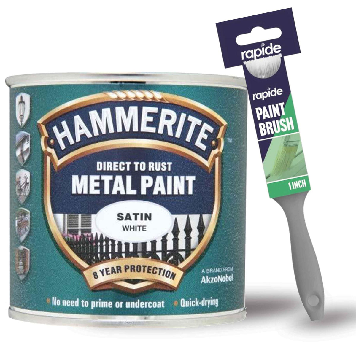 Hammerite Satin White Metal Paint 250ml With 1" Paint Brush