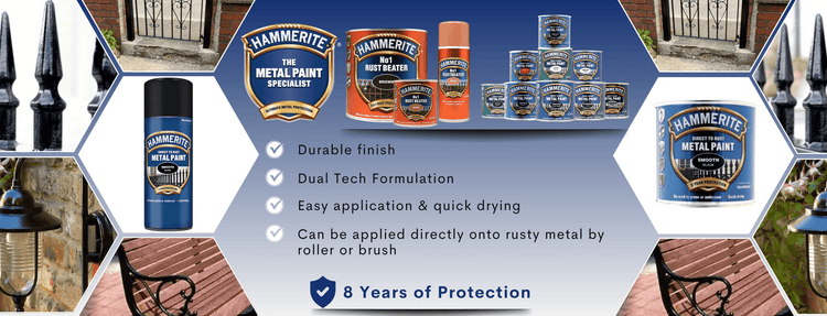 Promotional image of Hammerite metal paint with product packaging and usage examples.