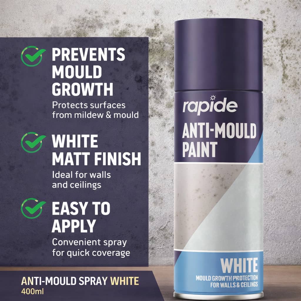 Rapide anti-mould paint can with features listed on a textured wall background