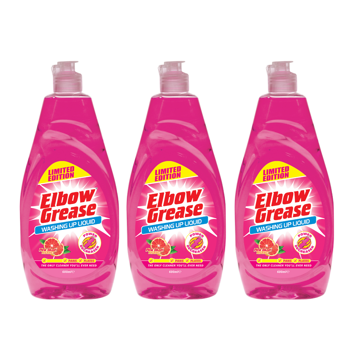 3X Elbow Grease Washing Up Liquid, Pink Blush Fresh 600ml Power Degreaser