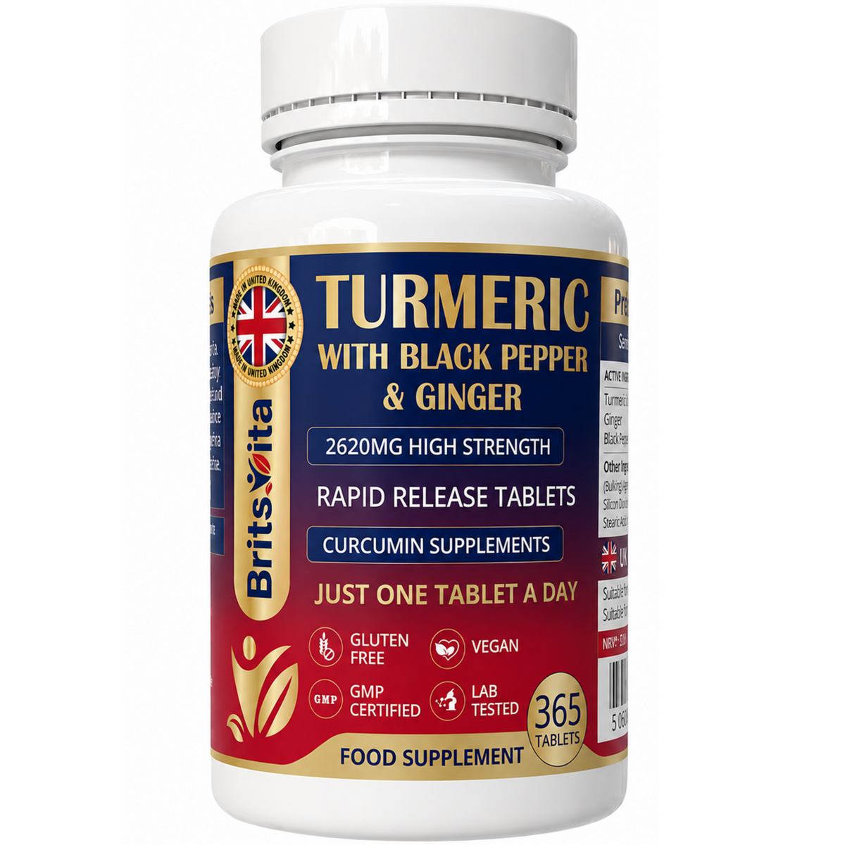 Brits Vita Turmeric Tablets with Ginger & Black Pepper 365 Tablets Vegan UK Made