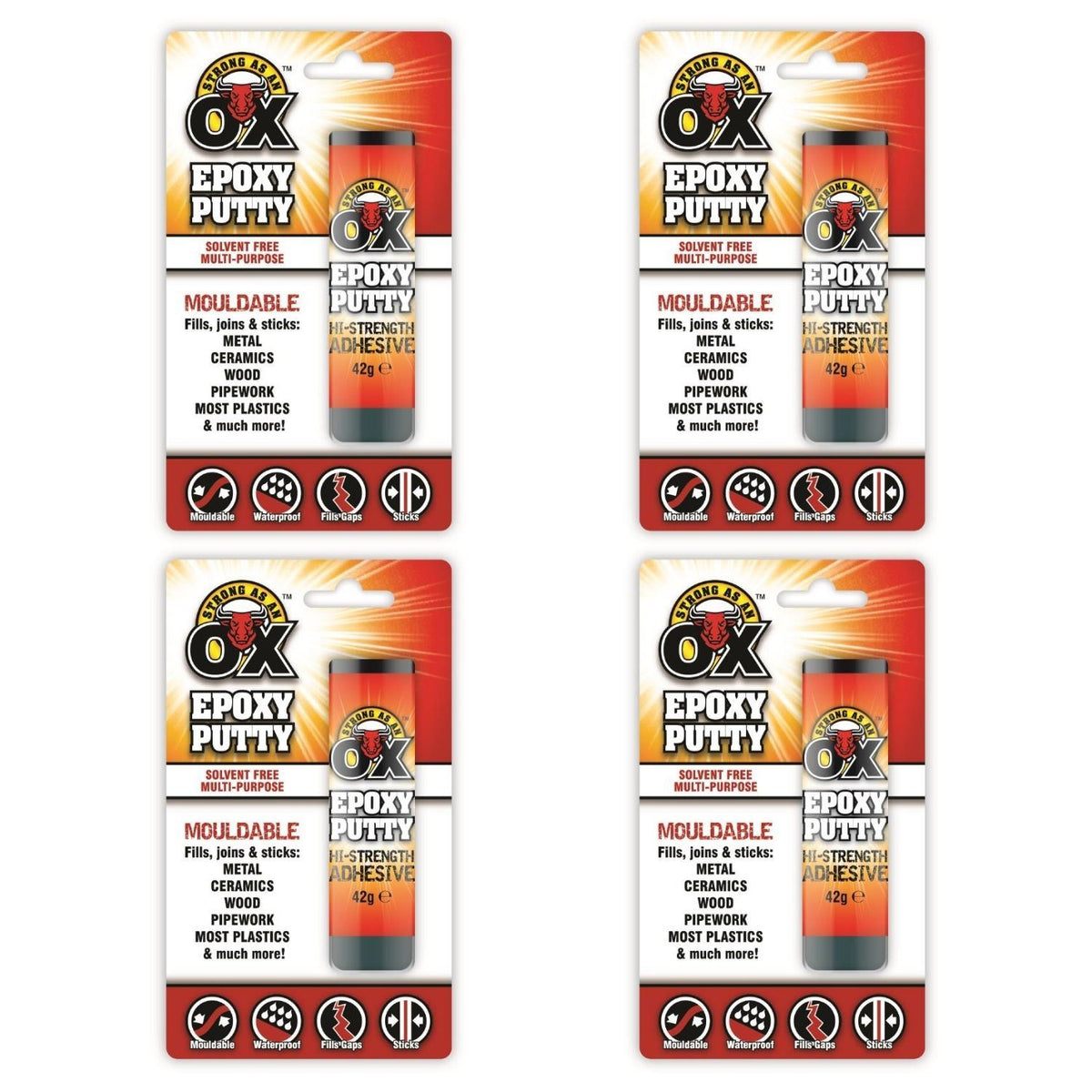 4X - STRONG AS AN OX Durable Epoxy Putty Metal Plastic Filler 42G
