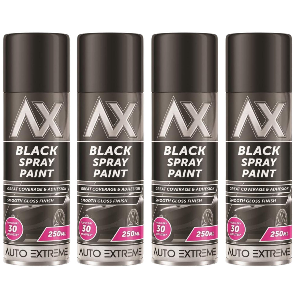 4X Auto Extreme Black Gloss Spray Paint 250ml