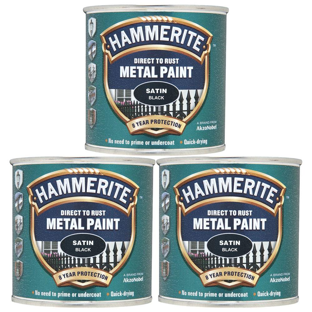 3X Hammerite Satin Black Paint 250ml Tin Paint