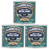 3X Hammerite Satin Black Paint 250ml Tin Paint