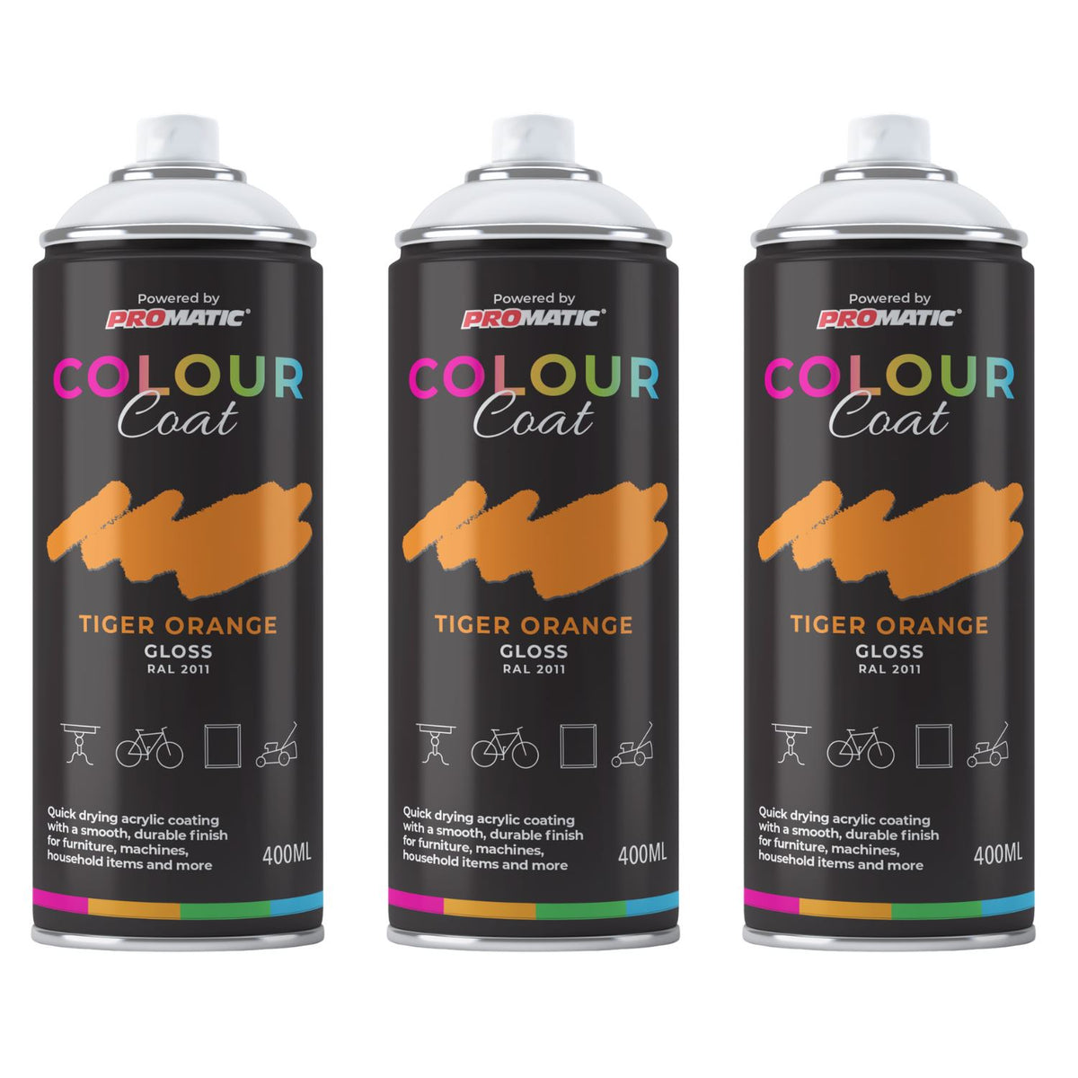 3X Tiger Orange RAL 2011 Gloss Spray Paint 400ml
