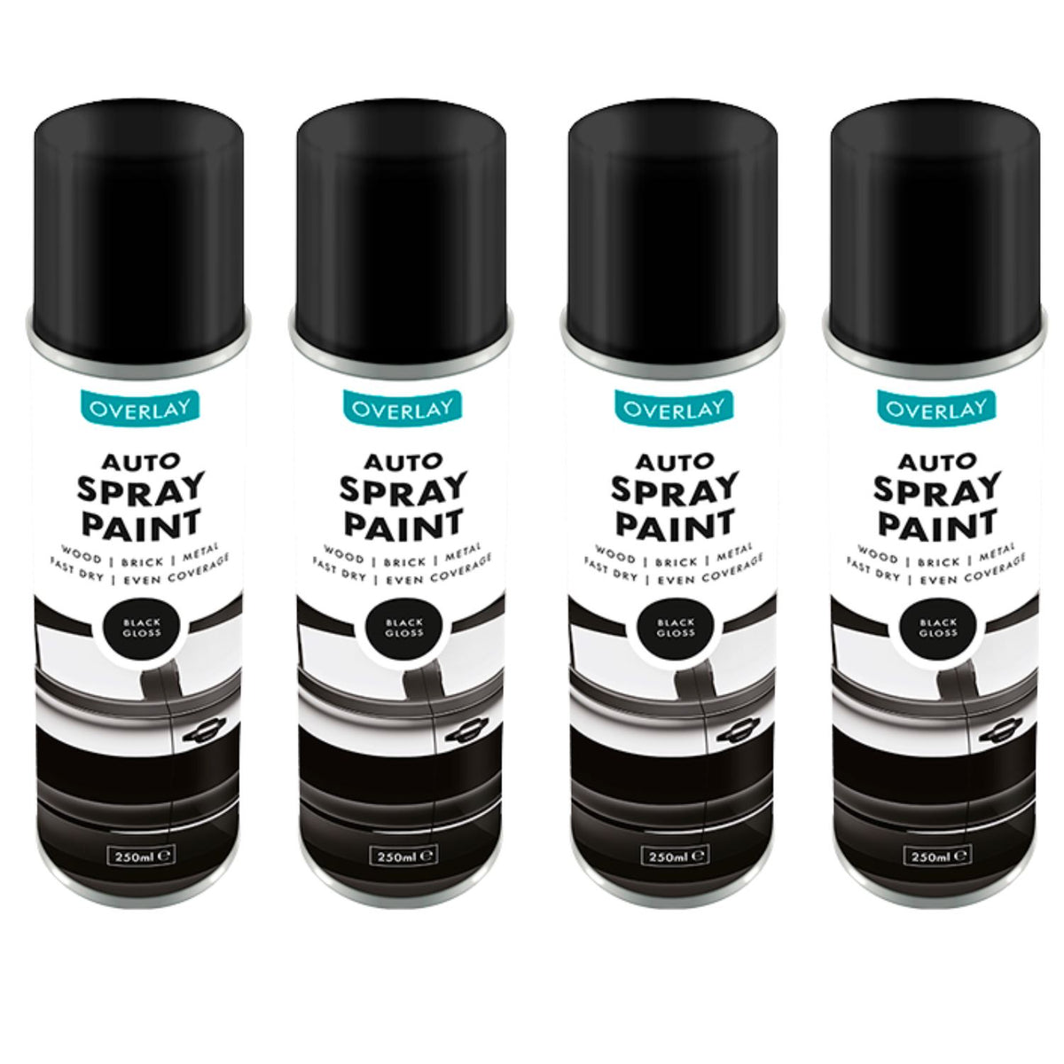4X Overlay Gloss Black Auto Professional Spray Paint 250ml