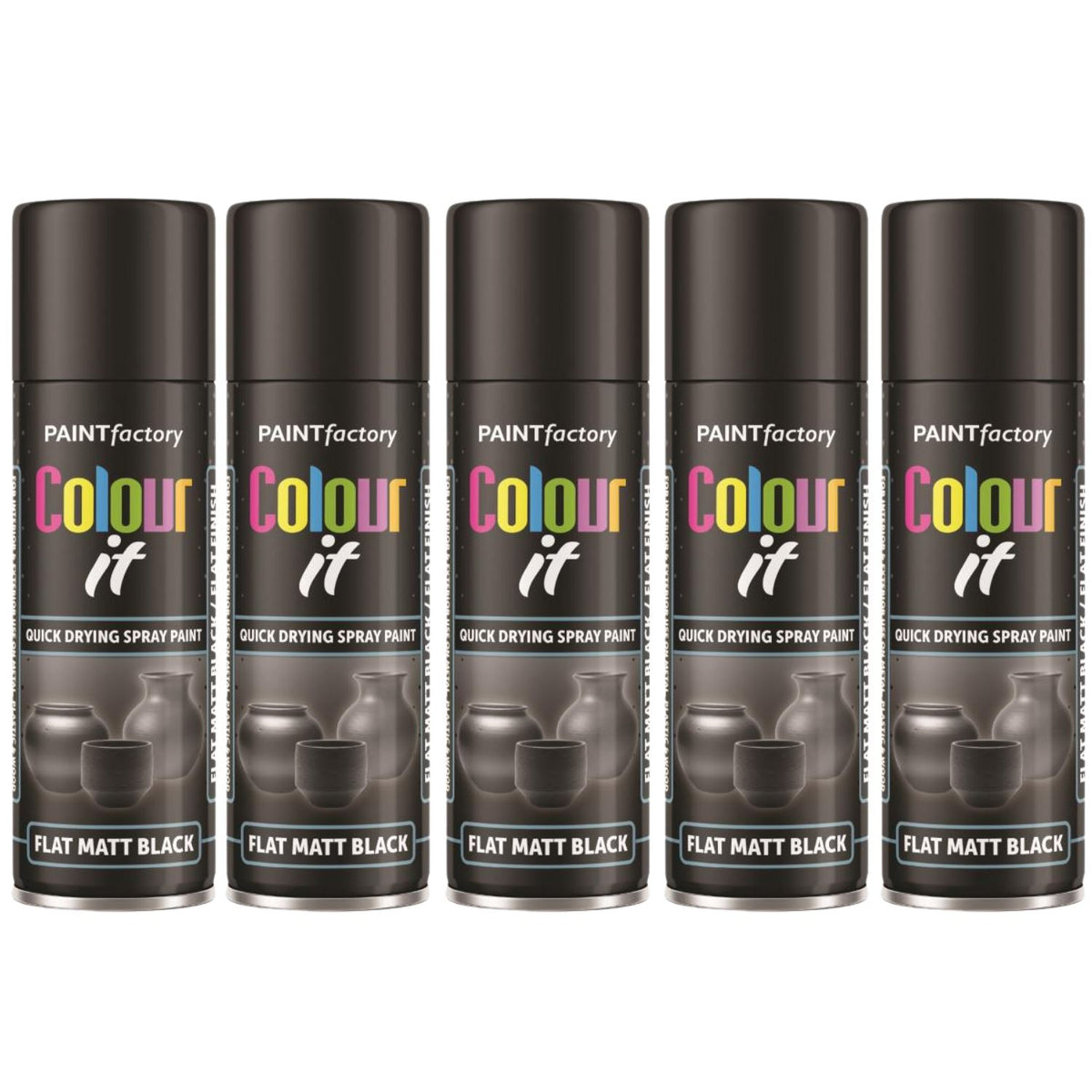 5X Paint Factory Flat Matt Black Spray Paint 250ml