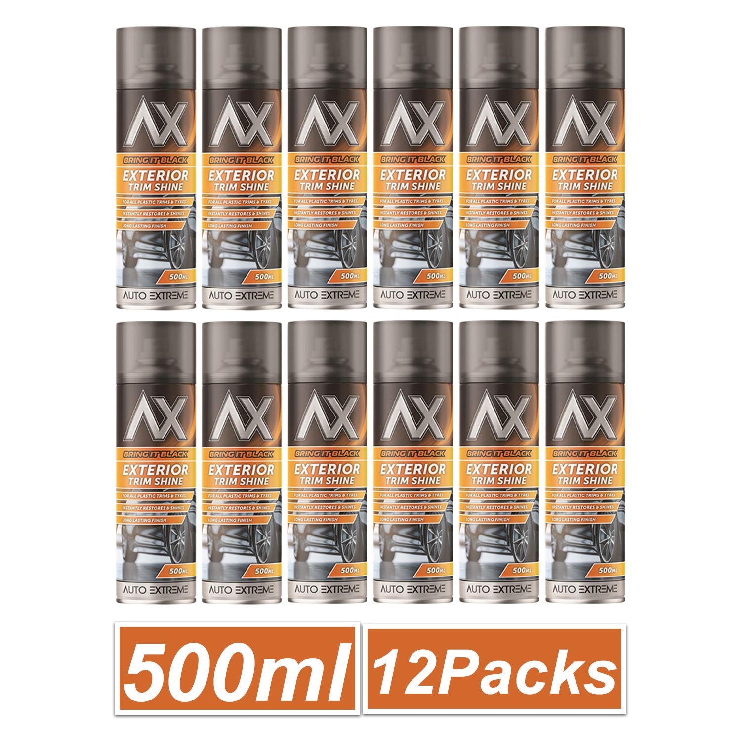 Auto Extreme black exterior trim shine spray in 500ml cans, 12 pack for automotive detailing