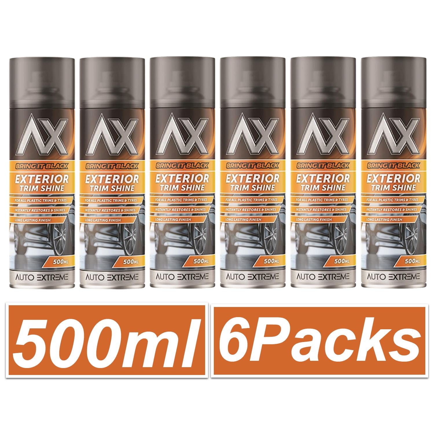 Auto Extreme black exterior trim shine spray 500ml pack of six, ideal for enhancing vehicle finishes