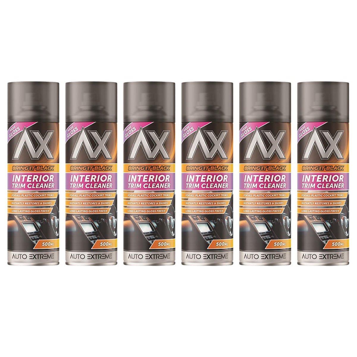 Auto Extreme black gloss interior trim cleaner spray cans designed for automotive use