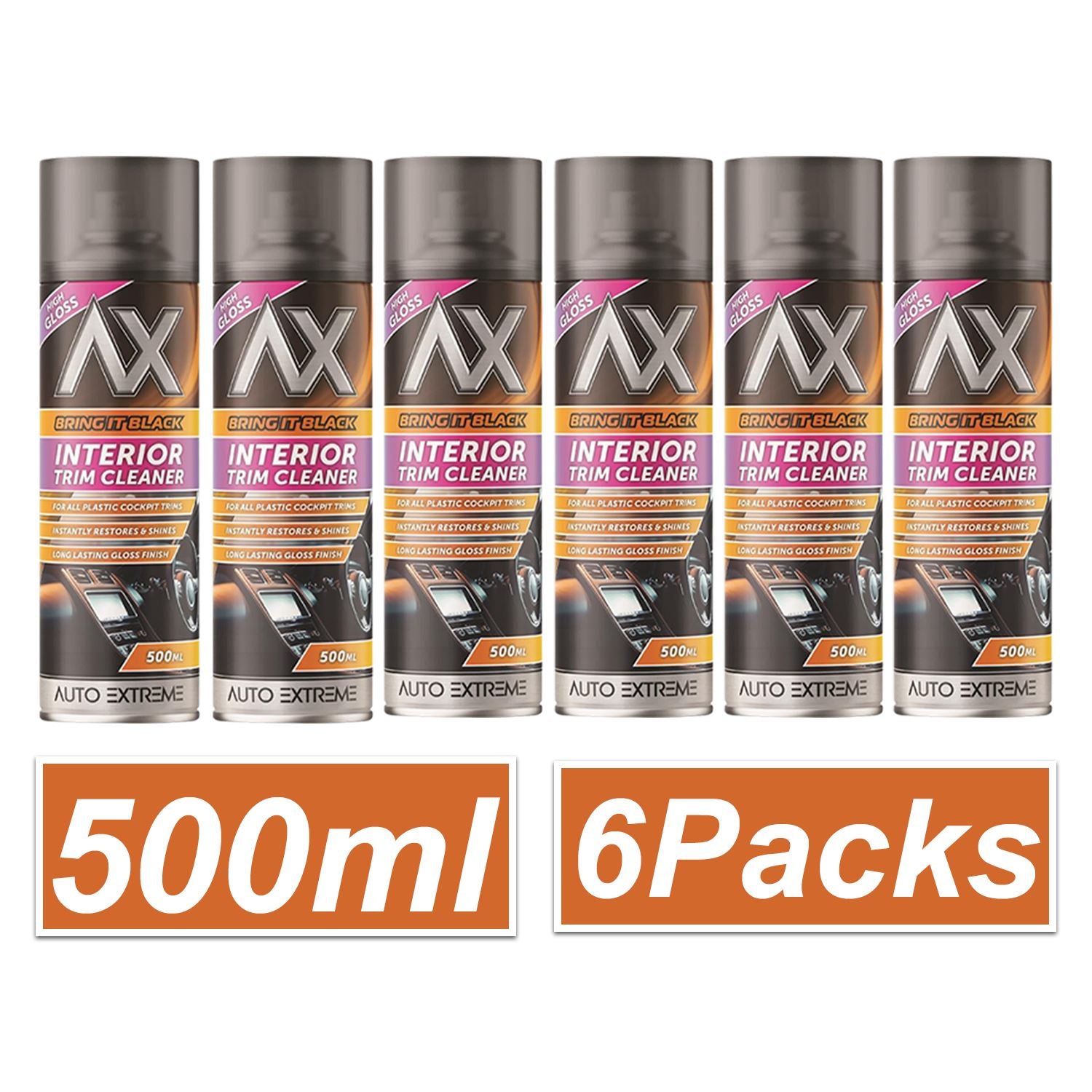 Auto Extreme Black Gloss Interior Trim Cleaner in 500ml spray cans, sold in a pack of six for effective cleaning