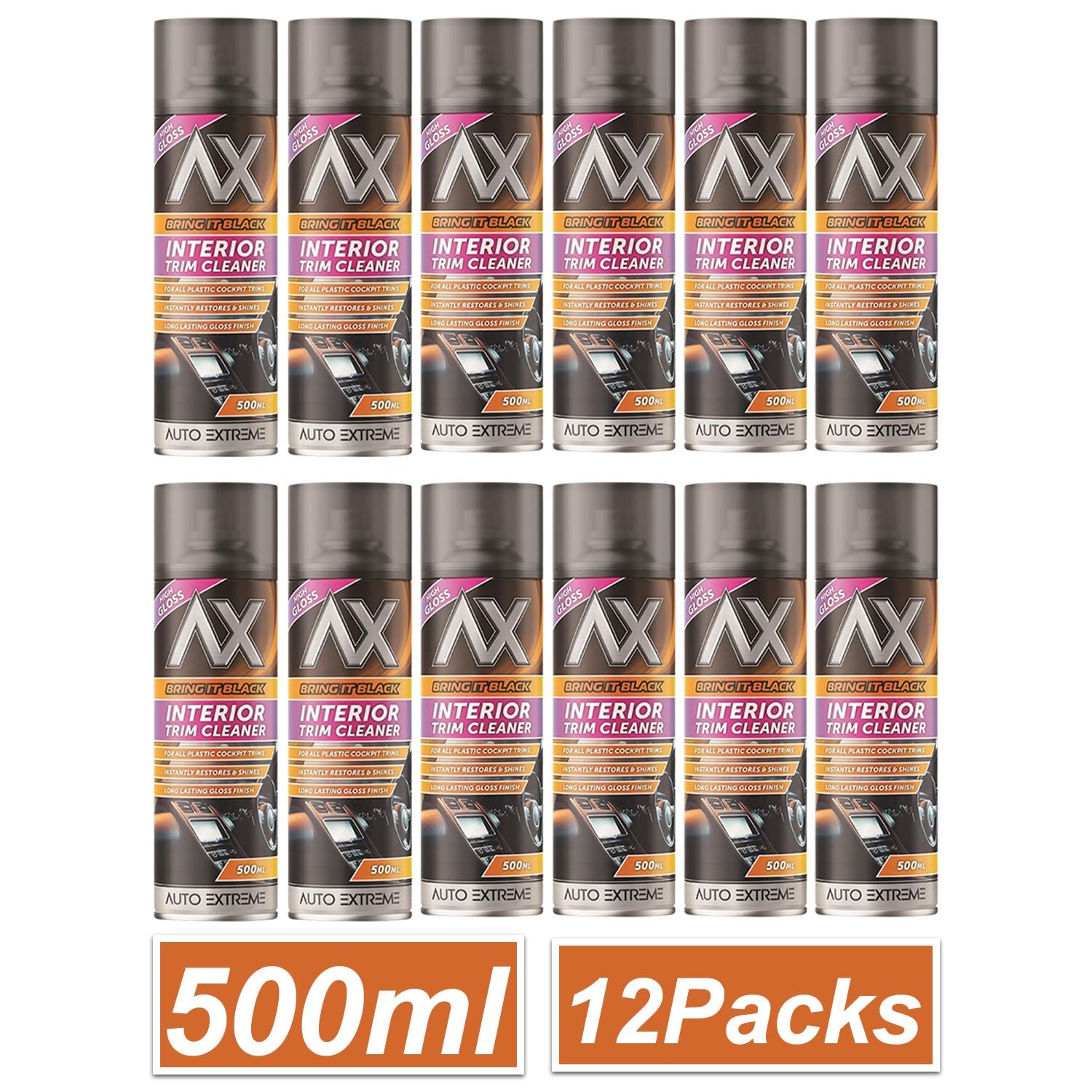 Auto Extreme Black Gloss Interior Trim Cleaner Spray 500ml in a pack of 12 cans for vehicle detailing