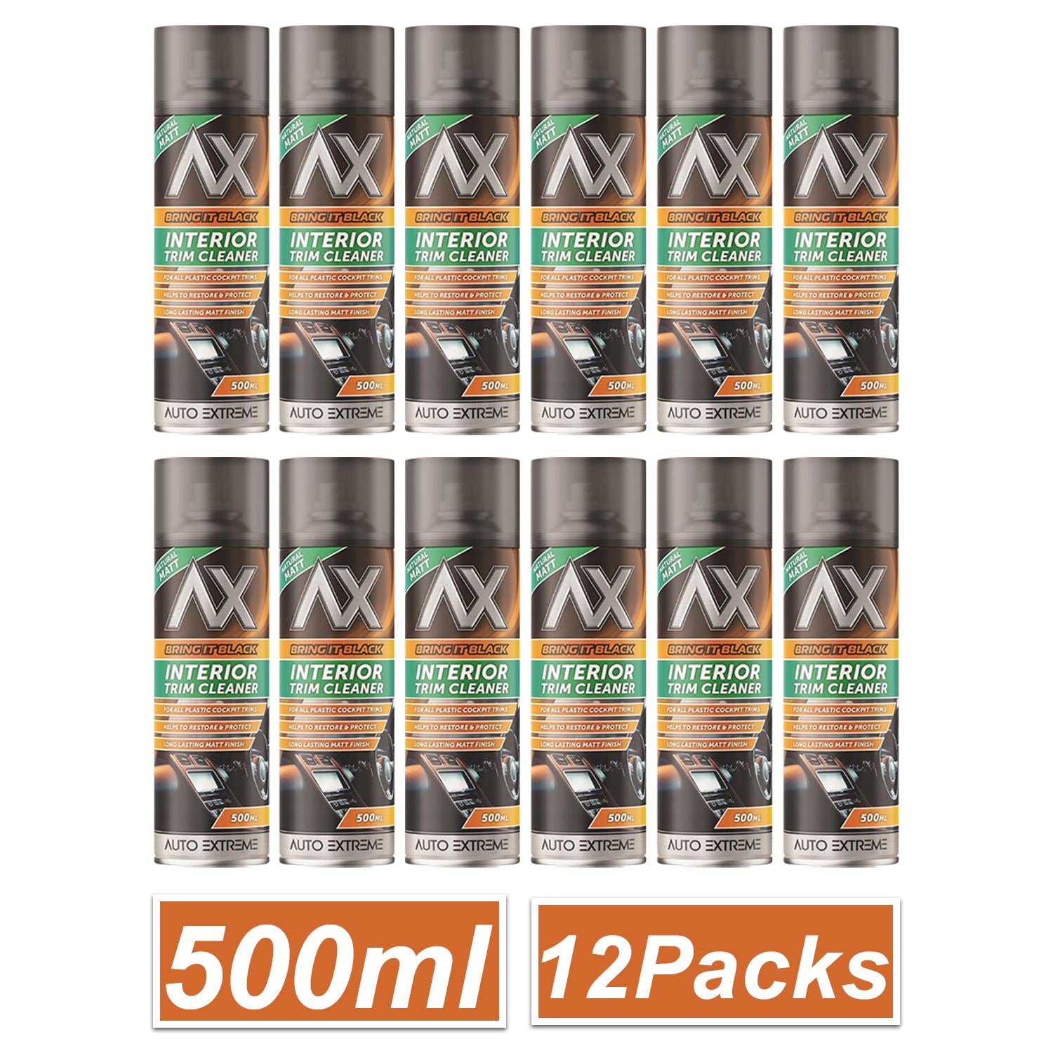 Auto Extreme Black Matt Interior Trim Cleaner Spray in 500ml cans, pack of 12 for effective cleaning