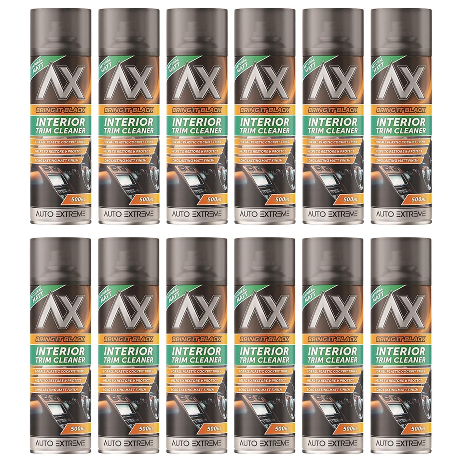 Auto Extreme black matt interior trim cleaner spray cans arranged in a neat grid for easy viewing