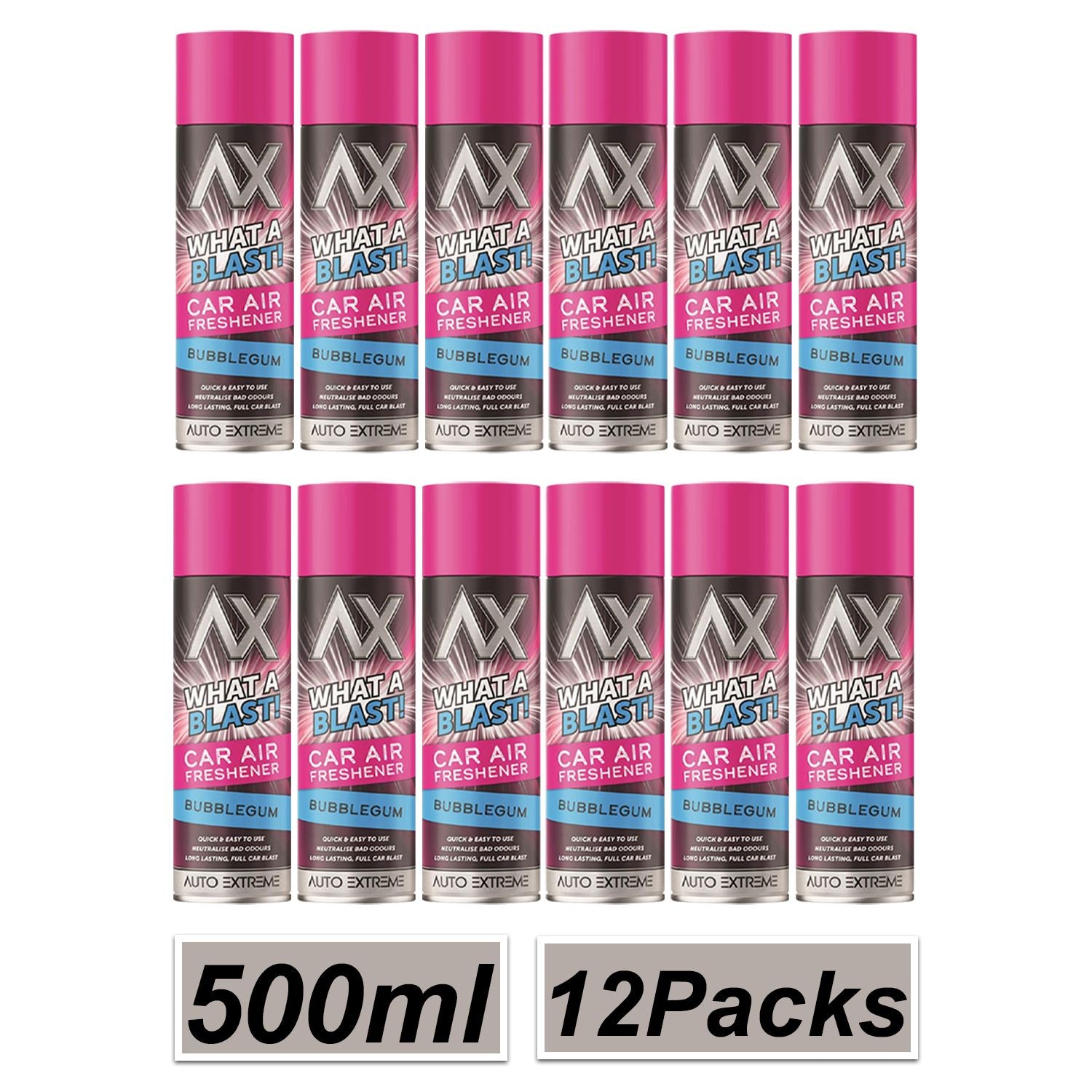Auto Extreme bubblegum car air freshener spray in 500ml cans, 12 pack for long-lasting freshness